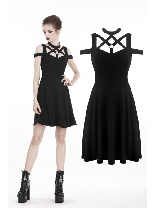 Black Punk Sexy Hollow Cotton Cross Strap Ring Belt Dress