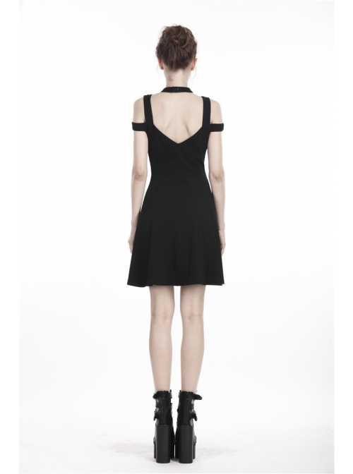 Black Punk Sexy Hollow Cotton Cross Strap Ring Belt Dress