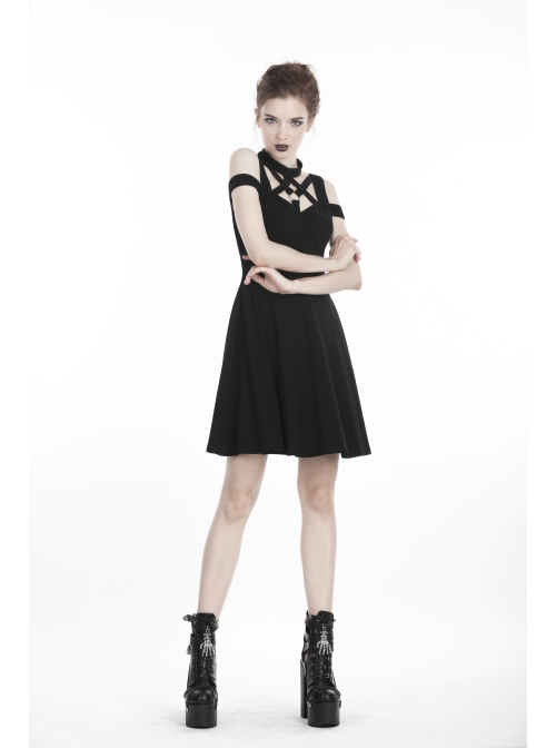Black Punk Sexy Hollow Cotton Cross Strap Ring Belt Dress