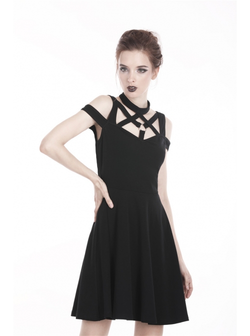 Black Punk Sexy Hollow Cotton Cross Strap Ring Belt Dress