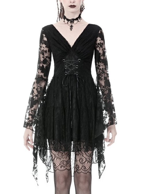 Gothic Black Japanese Lace Kimono Long Sleeves Ties Waist Irregularities Neck Nylon Dress