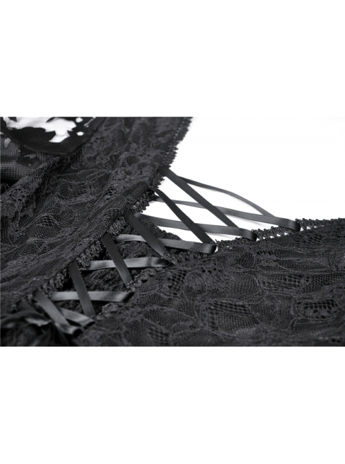 Gothic Black Japanese Lace Kimono Long Sleeves Ties Waist Irregularities Neck Nylon Dress