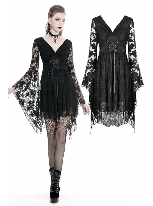 Gothic Black Japanese Lace Kimono Long Sleeves Ties Waist Irregularities Neck Nylon Dress