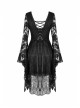 Gothic Black Japanese Lace Kimono Long Sleeves Ties Waist Irregularities Neck Nylon Dress
