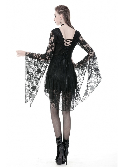 Gothic Black Japanese Lace Kimono Long Sleeves Ties Waist Irregularities Neck Nylon Dress