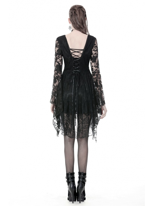 Gothic Black Japanese Lace Kimono Long Sleeves Ties Waist Irregularities Neck Nylon Dress