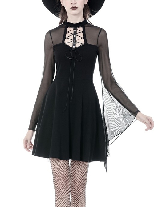Black Punk Mesh Horn Long Sleeves Perspective Sexy Lace Up Irregular Waist Rayon Midi Dress