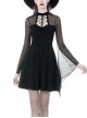 Black Punk Mesh Horn Long Sleeves Perspective Sexy Lace Up Irregular Waist Rayon Midi Dress