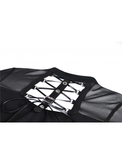 Black Punk Mesh Horn Long Sleeves Perspective Sexy Lace Up Irregular Waist Rayon Midi Dress