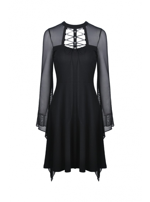 Black Punk Mesh Horn Long Sleeves Perspective Sexy Lace Up Irregular Waist Rayon Midi Dress