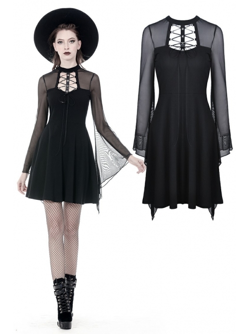 Black Punk Mesh Horn Long Sleeves Perspective Sexy Lace Up Irregular Waist Rayon Midi Dress