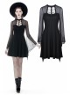 Black Punk Mesh Horn Long Sleeves Perspective Sexy Lace Up Irregular Waist Rayon Midi Dress