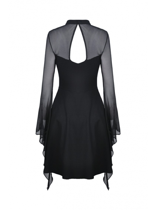 Black Punk Mesh Horn Long Sleeves Perspective Sexy Lace Up Irregular Waist Rayon Midi Dress