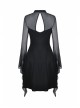 Black Punk Mesh Horn Long Sleeves Perspective Sexy Lace Up Irregular Waist Rayon Midi Dress