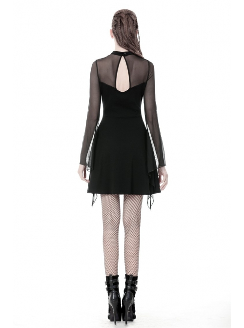 Black Punk Mesh Horn Long Sleeves Perspective Sexy Lace Up Irregular Waist Rayon Midi Dress