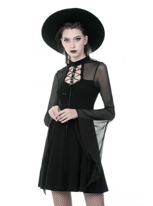 Black Punk Mesh Horn Long Sleeves Perspective Sexy Lace Up Irregular Waist Rayon Midi Dress