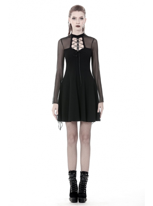 Black Punk Mesh Horn Long Sleeves Perspective Sexy Lace Up Irregular Waist Rayon Midi Dress