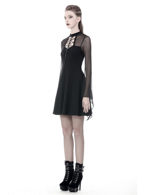 Black Punk Mesh Horn Long Sleeves Perspective Sexy Lace Up Irregular Waist Rayon Midi Dress