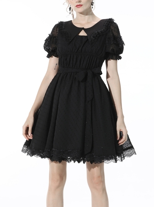 Black Dead Bat Doll Collar Gothic Lolita Lace Slim Fit Belt Polyester Mini Dress