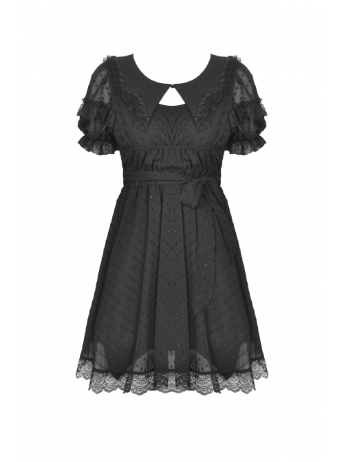 Black Dead Bat Doll Collar Gothic Lolita Lace Slim Fit Belt Polyester Mini Dress