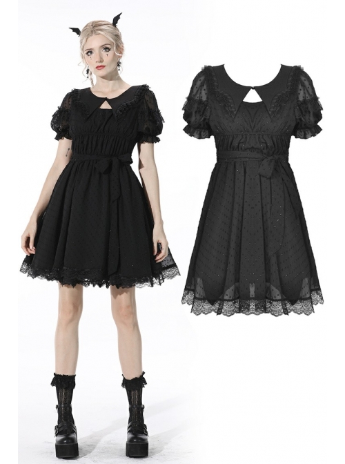 Black Dead Bat Doll Collar Gothic Lolita Lace Slim Fit Belt Polyester Mini Dress