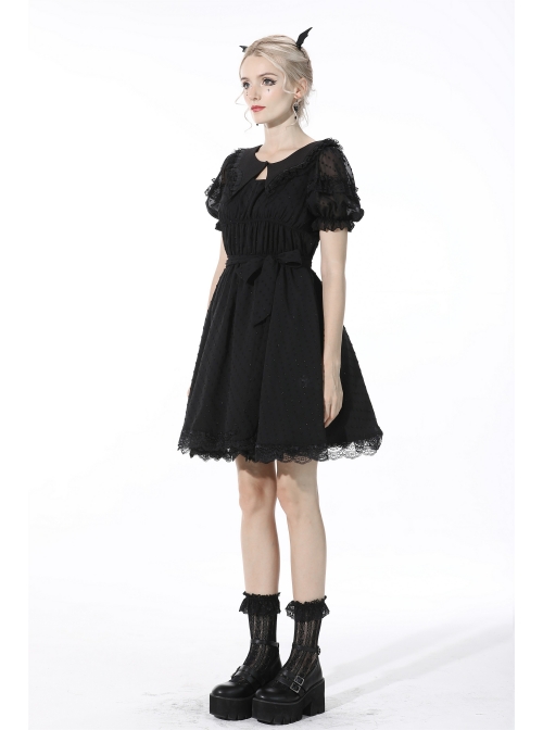 Black Dead Bat Doll Collar Gothic Lolita Lace Slim Fit Belt Polyester Mini Dress