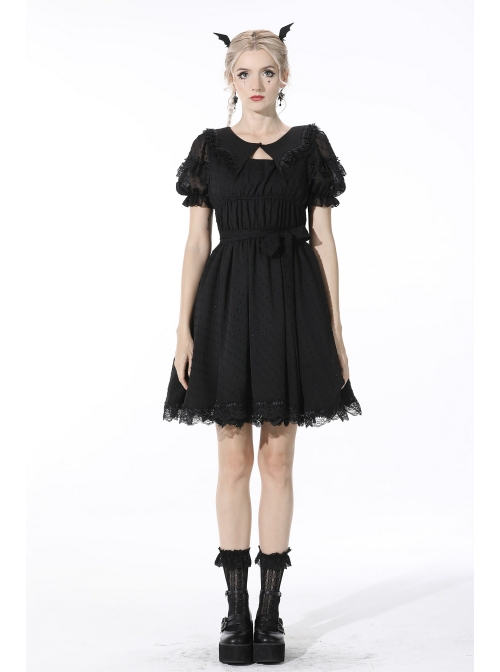 Black Dead Bat Doll Collar Gothic Lolita Lace Slim Fit Belt Polyester Mini Dress