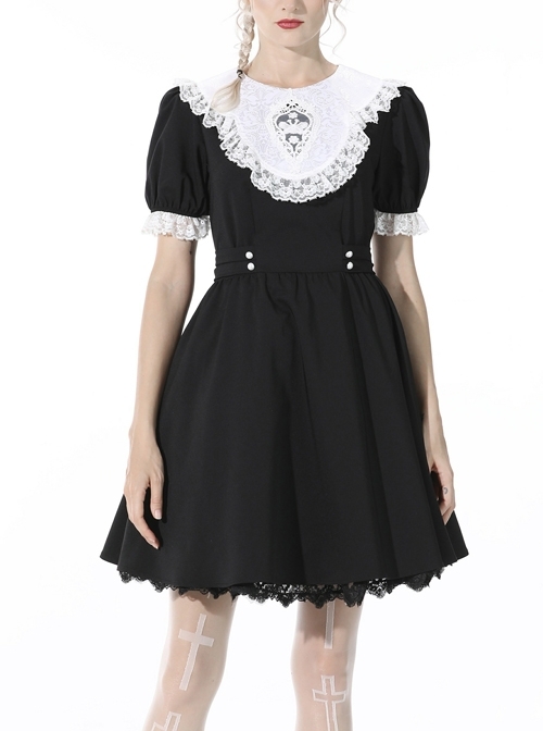 Lolita Black Gothic White Lace Slim Fit Puff Sleeves Alice In Wonderland Polyester Contrast Collar Dress