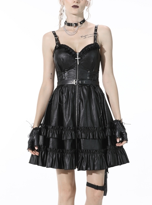 Black Gothic Cross Zipper Belt Lace Rebel Locomotive Girl Faux Leather Strap Dress