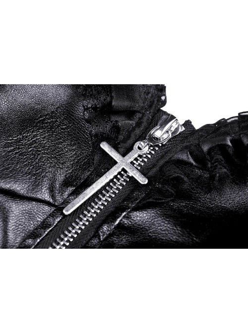 Black Gothic Cross Zipper Belt Lace Rebel Locomotive Girl Faux Leather Strap Dress