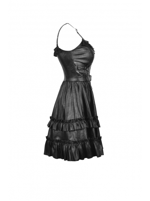 Black Gothic Cross Zipper Belt Lace Rebel Locomotive Girl Faux Leather Strap Dress