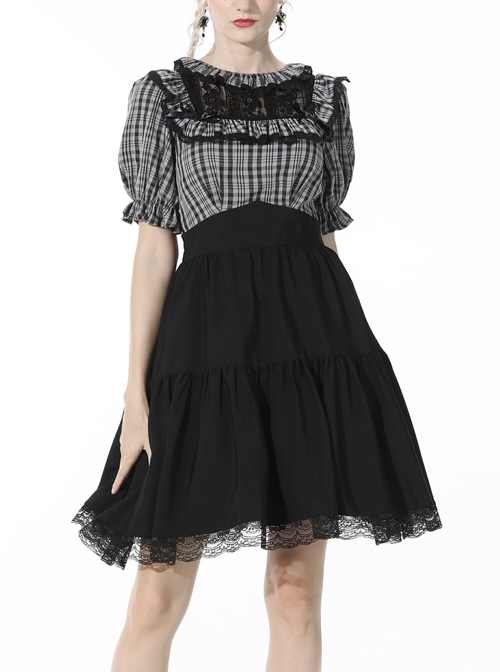 Black Gothic Lolita Plaid Lace Peter Pan Collar Stitching Lost Girl Grid Rayon Prom Dress