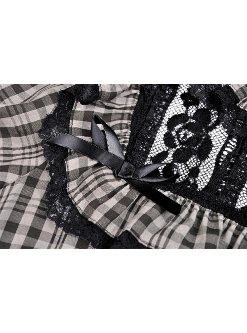 Black Gothic Lolita Plaid Lace Peter Pan Collar Stitching Lost Girl Grid Rayon Prom Dress