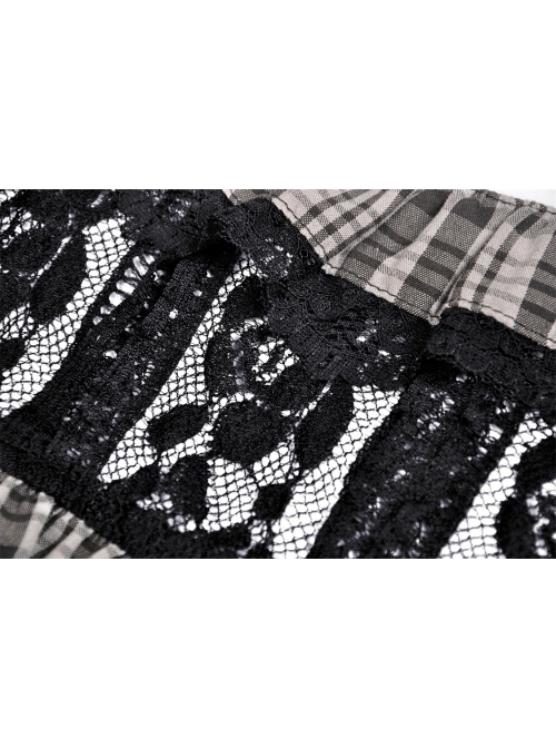 Black Gothic Lolita Plaid Lace Peter Pan Collar Stitching Lost Girl Grid Rayon Prom Dress