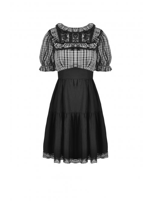 Black Gothic Lolita Plaid Lace Peter Pan Collar Stitching Lost Girl Grid Rayon Prom Dress