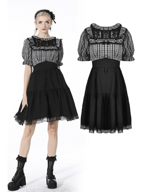 Black Gothic Lolita Plaid Lace Peter Pan Collar Stitching Lost Girl Grid Rayon Prom Dress
