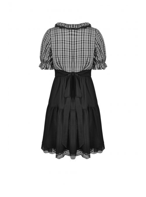 Black Gothic Lolita Plaid Lace Peter Pan Collar Stitching Lost Girl Grid Rayon Prom Dress