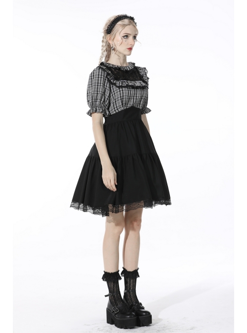 Black Gothic Lolita Plaid Lace Peter Pan Collar Stitching Lost Girl Grid Rayon Prom Dress