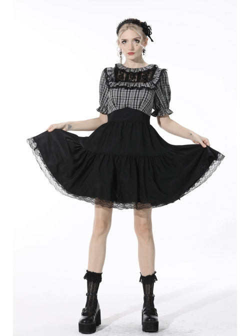 Black Gothic Lolita Plaid Lace Peter Pan Collar Stitching Lost Girl Grid Rayon Prom Dress