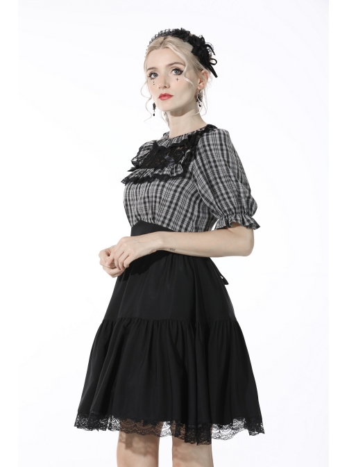 Black Gothic Lolita Plaid Lace Peter Pan Collar Stitching Lost Girl Grid Rayon Prom Dress