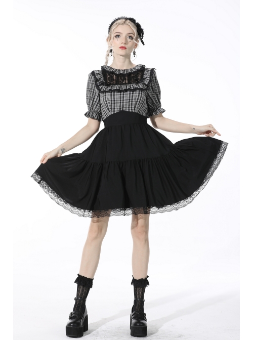 Black Gothic Lolita Plaid Lace Peter Pan Collar Stitching Lost Girl Grid Rayon Prom Dress