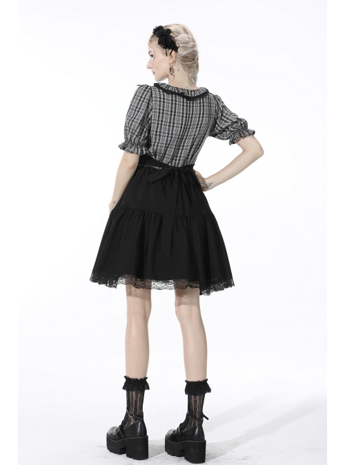 Black Gothic Lolita Plaid Lace Peter Pan Collar Stitching Lost Girl Grid Rayon Prom Dress