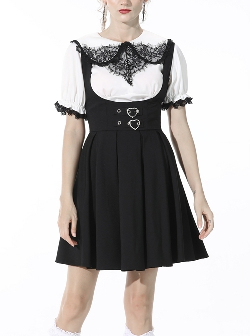 Black Gothic Preppy Style Love Button Slim Fit Pleated Lace Up Back Polyester Suspenders Skirt