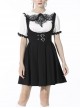 Black Gothic Preppy Style Love Button Slim Fit Pleated Lace Up Back Polyester Suspenders Skirt