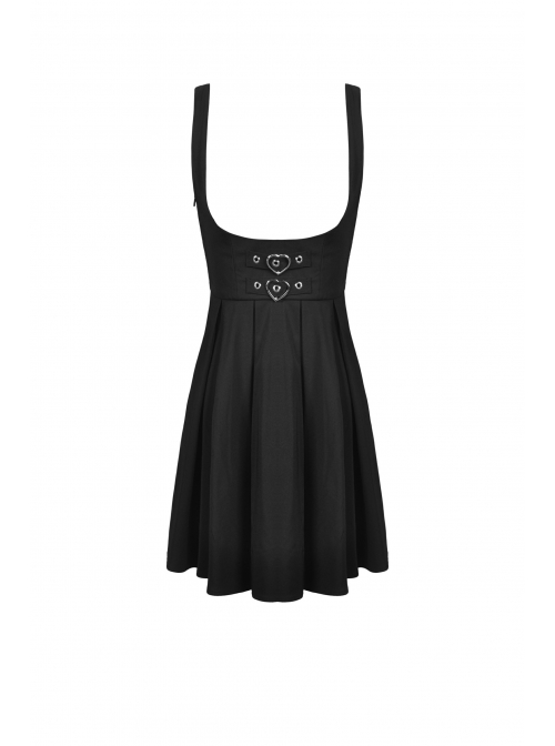 Black Gothic Preppy Style Love Button Slim Fit Pleated Lace Up Back Polyester Suspenders Skirt
