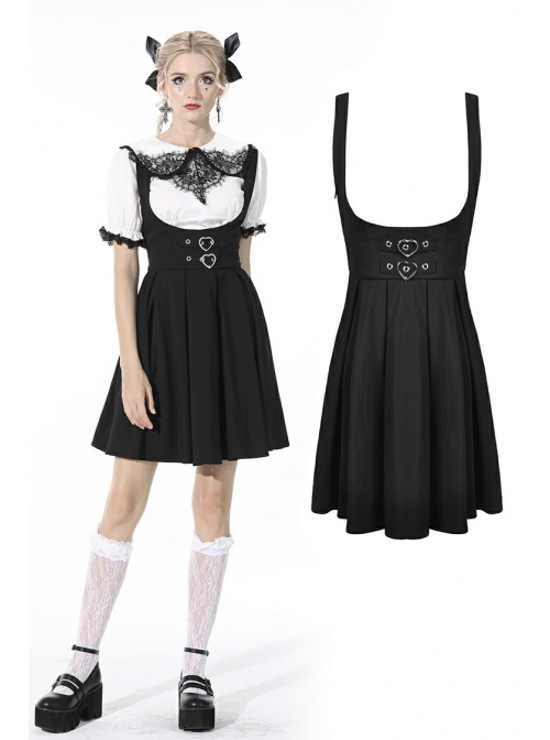Black Gothic Preppy Style Love Button Slim Fit Pleated Lace Up Back Polyester Suspenders Skirt