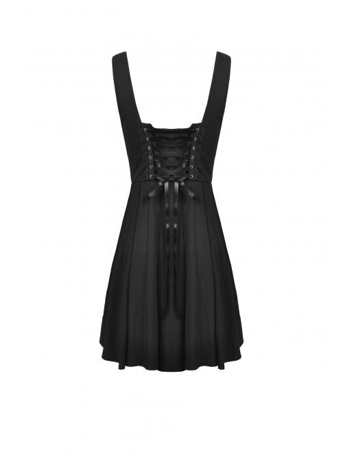 Black Gothic Preppy Style Love Button Slim Fit Pleated Lace Up Back Polyester Suspenders Skirt