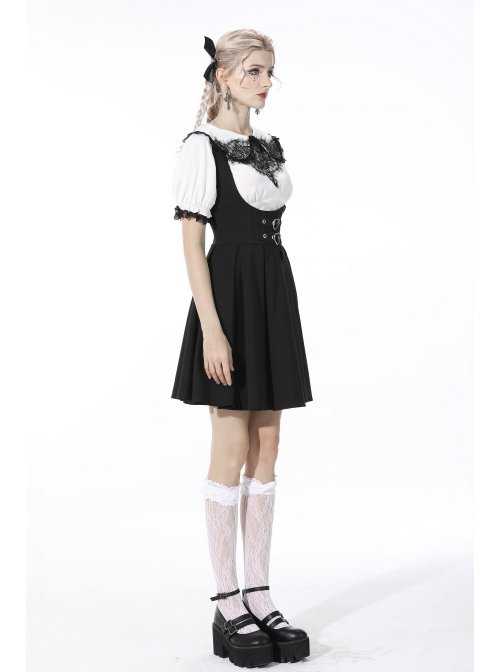 Black Gothic Preppy Style Love Button Slim Fit Pleated Lace Up Back Polyester Suspenders Skirt