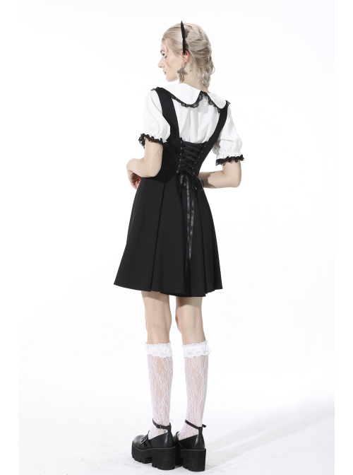 Black Gothic Preppy Style Love Button Slim Fit Pleated Lace Up Back Polyester Suspenders Skirt