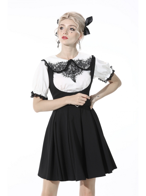 Black Gothic Preppy Style Love Button Slim Fit Pleated Lace Up Back Polyester Suspenders Skirt